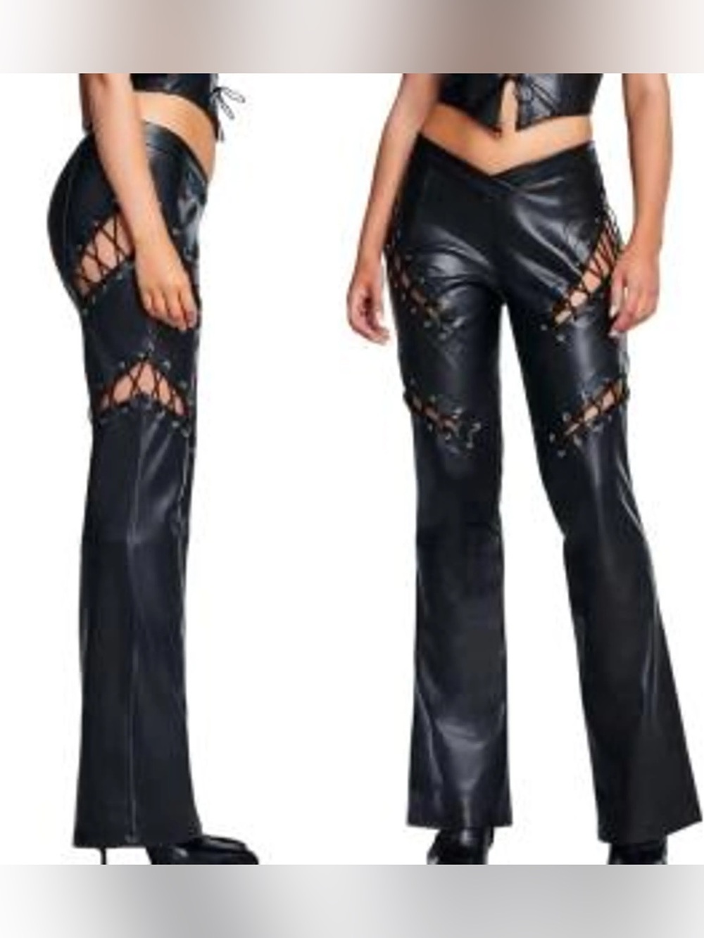I.AM.GIA Black Faux Vegan Leather Lace Side Pants Low Rise Flare Size XXS